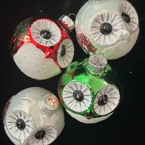 4 Festive Owl Holiday Christmas Ornaments - Red, Green, and Pearlescent Glass